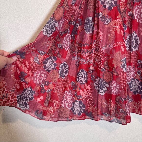 Vintage 70s Red Floral Pleated Knee Length Skirt Womens 16 Sheer Boho Peasant - Picture 4 of 10